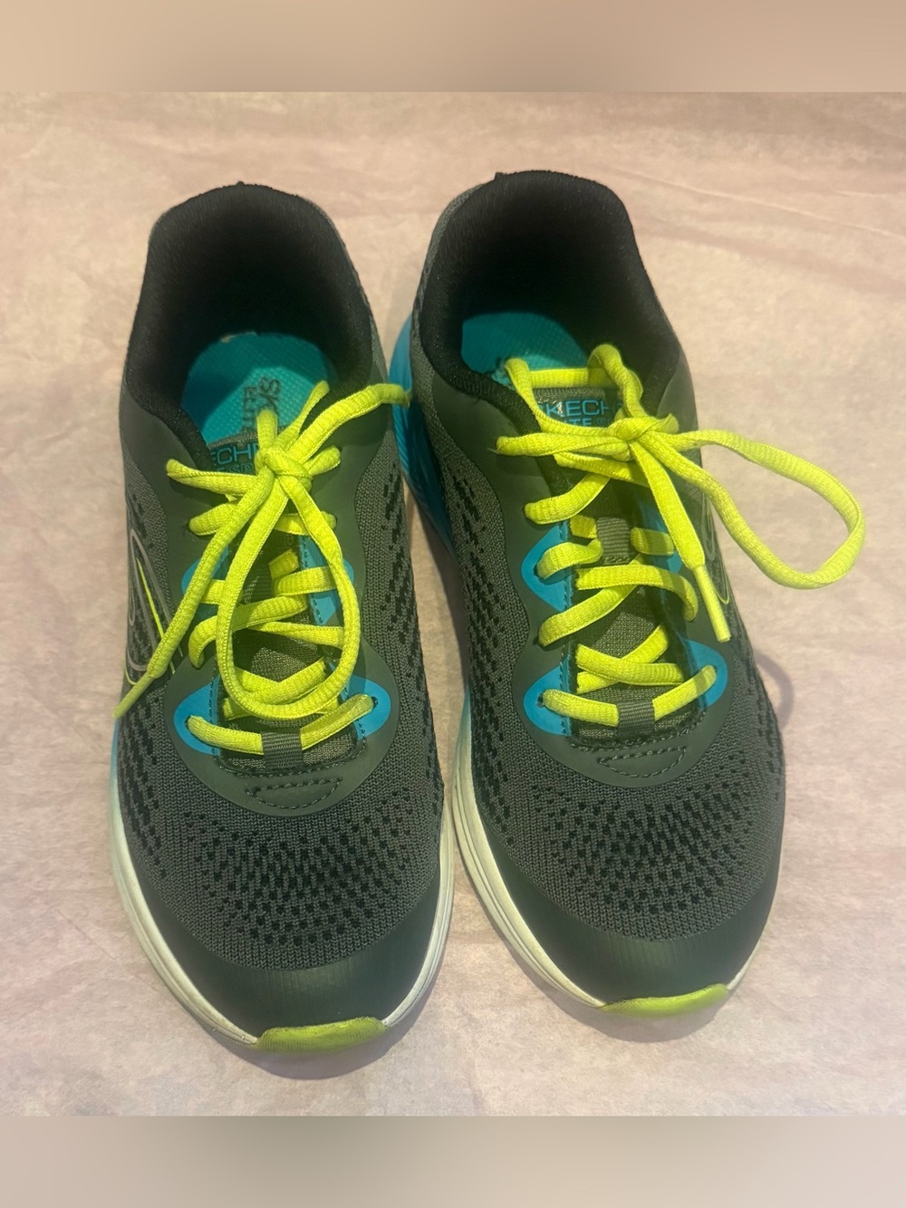 Skechers Kids Gray, Athletic Sneakers with Neon Yellow Laces and Blue Accents